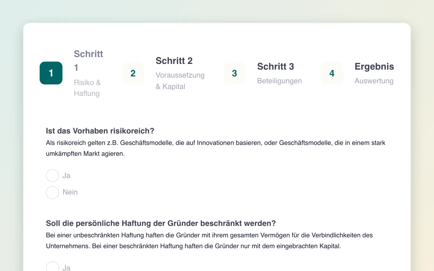 Erster Schritt des Rechtsform-Finders mit Fragen zu Risiko und Haftung
