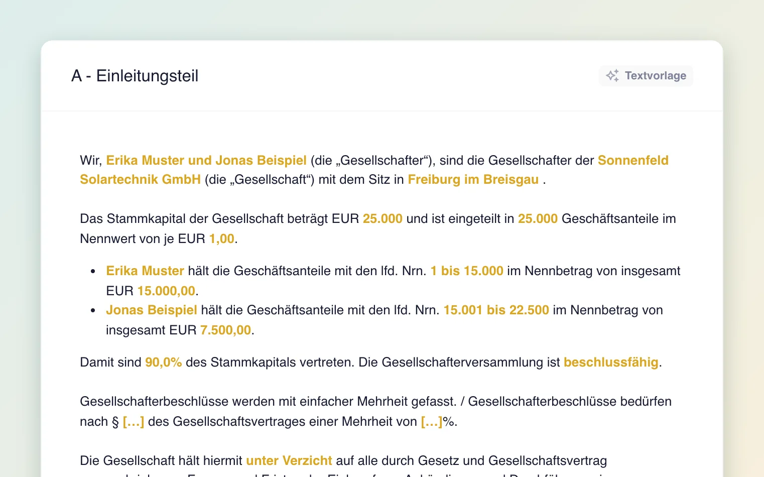Vorausgefüllter Einleitungsteil eines Gesellschafterbeschlusses