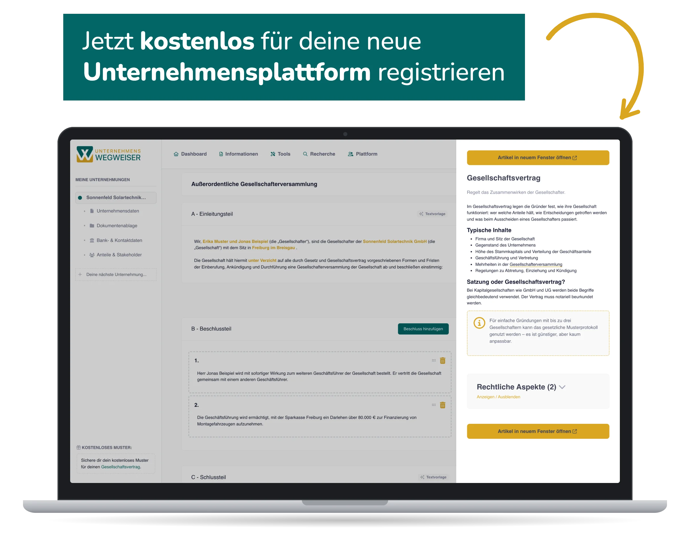 Jetzt kostenlos für deine neue Unternehmensplattform registrieren – Laptop mit Gesellschafterversammlung und Fachartikel zum Gesellschaftsvertrag im Unternehmenswegweiser